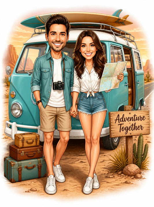 Smiling couple by teal camper van with surfboard, suitcases, and Adventure Together sign.