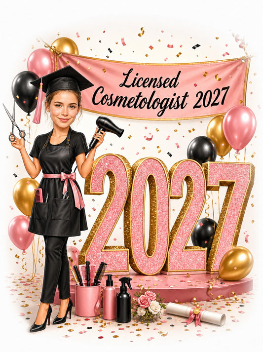 Cosmetology graduation caricature with cap, scissors, hair dryer and 2027 banner