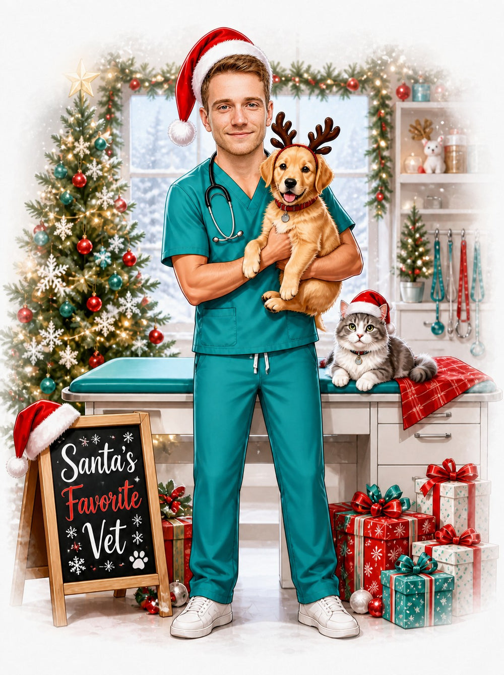 Vet in teal scrubs holds reindeer-puppy, cat in Santa hat, Santa's Favorite Vet sign.