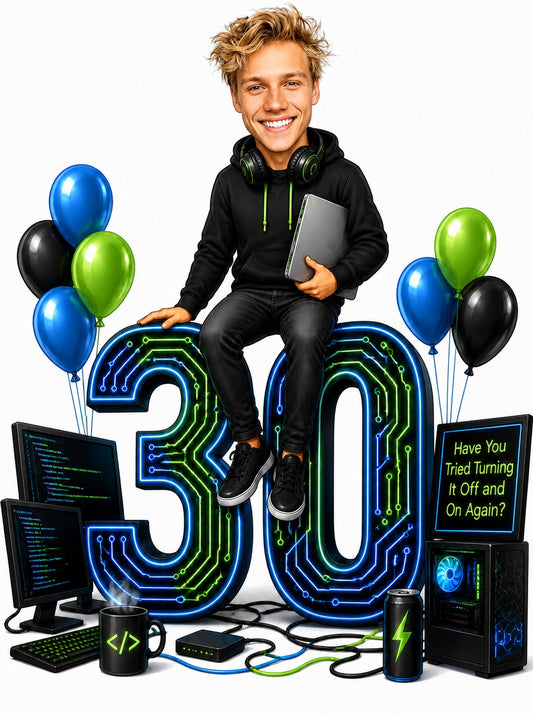 Programmer caricature man on neon circuit 30, wearing headphones, holding laptop, code screens.