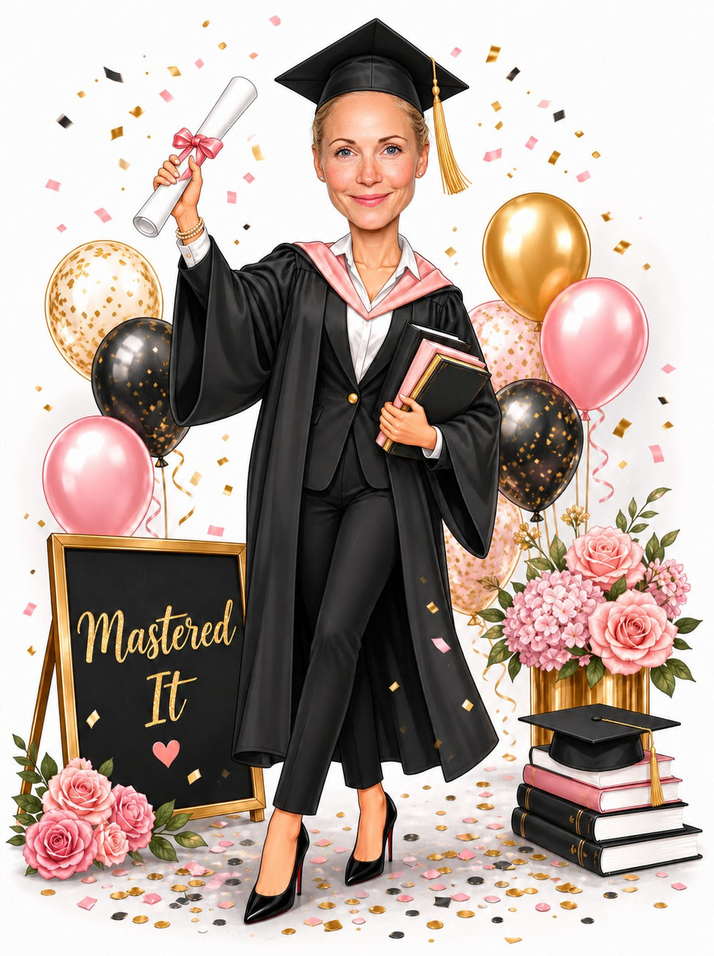 Woman in cap and gown holding diploma, Masters sign, balloons, flowers, confetti.