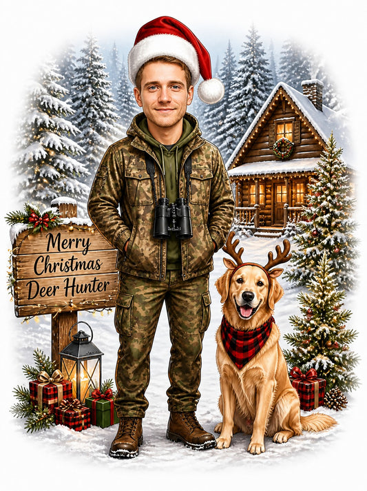 Hunter in camo with Santa hat beside dog in antlers, snowy cabin backdrop