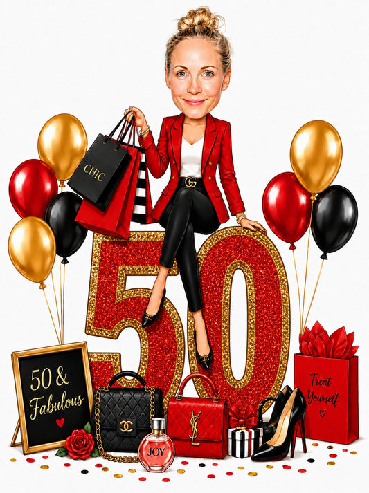 Woman sitting on giant glitter age number with balloons and shopping bags.