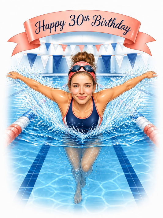Female swimmer butterfly stroke in pool with pink Happy 30th Birthday banner.
