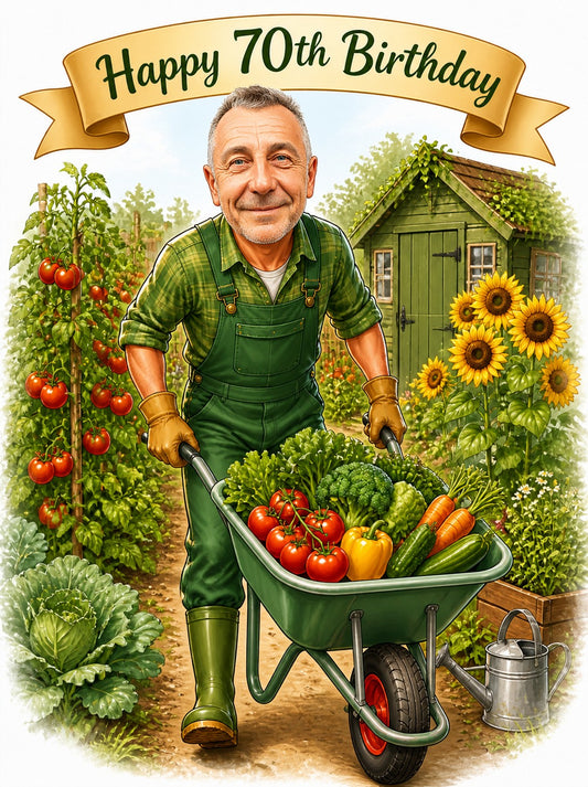 Gardener pushing vegetable-filled wheelbarrow beneath Happy 70th Birthday banner, shed and sunflowers.
