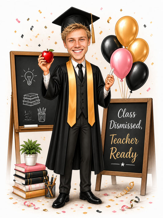Male teacher graduation caricature in cap and gown holding apple and balloons beside chalkboard sign