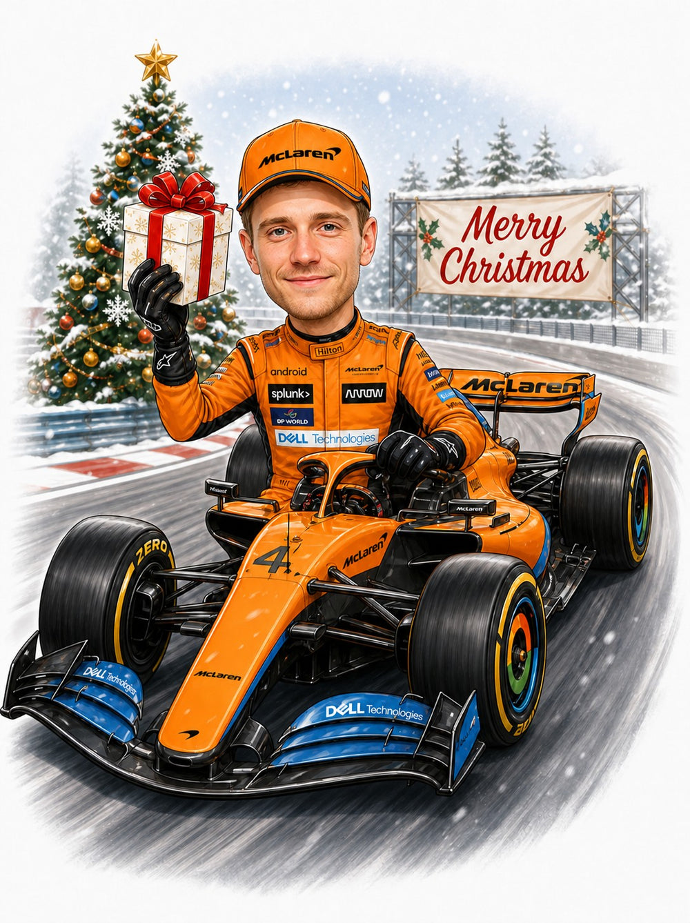Caricature of man in orange racing suit driving F1 car, holding wrapped gift, Merry Christmas banner.