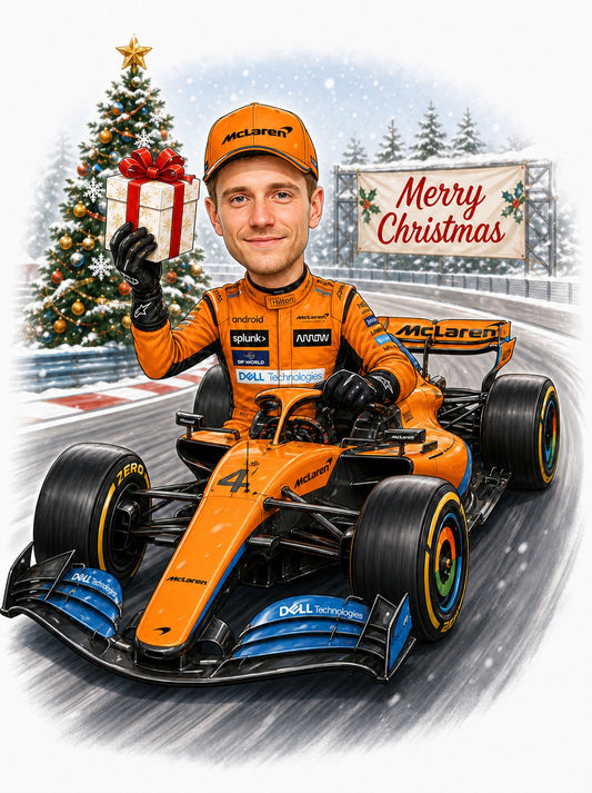 Caricature of man in orange racing suit driving F1 car, holding wrapped gift, Merry Christmas banner.
