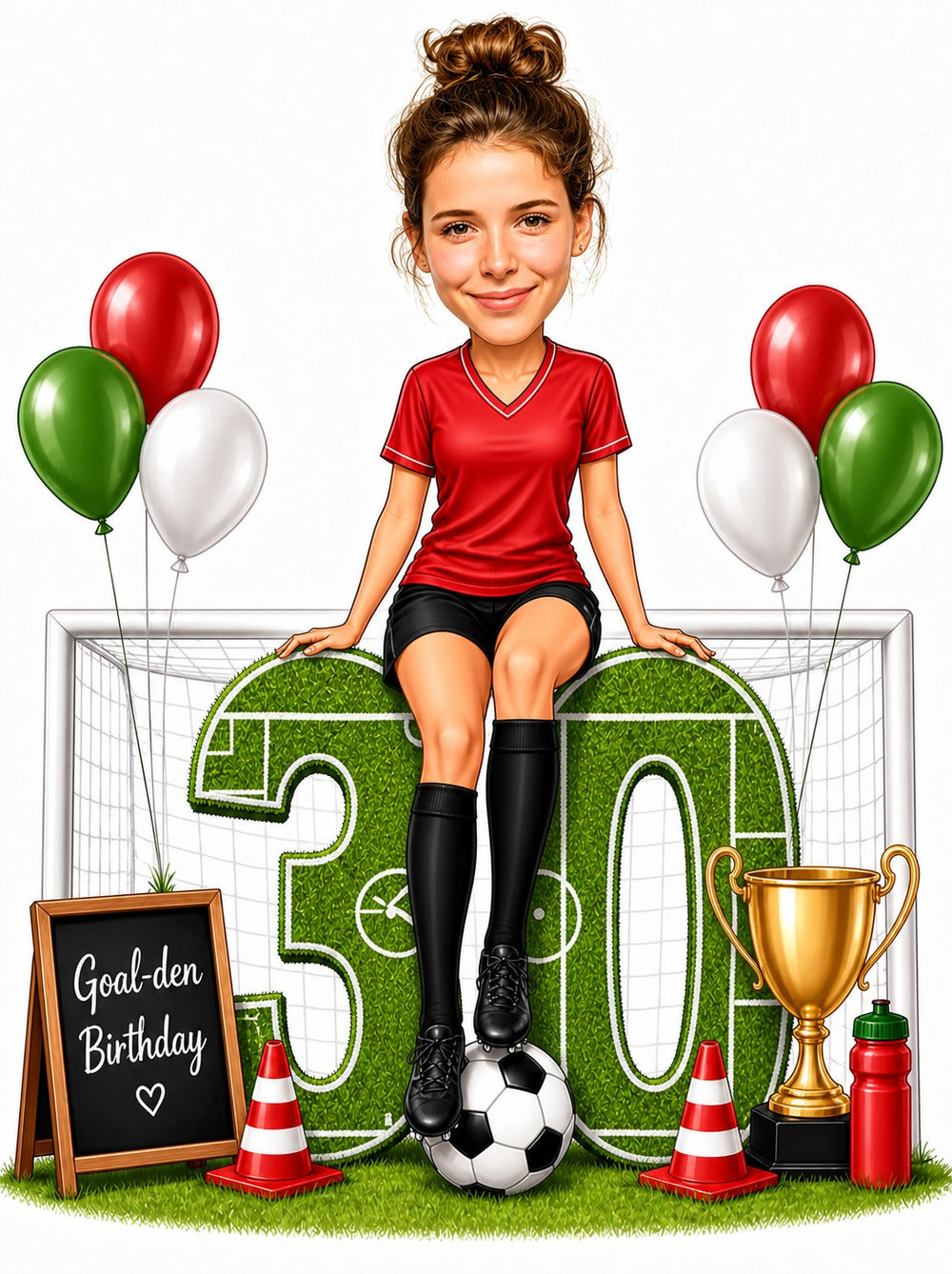 Woman soccer caricature sitting on giant 30 over goal with balloons, trophy and cones.