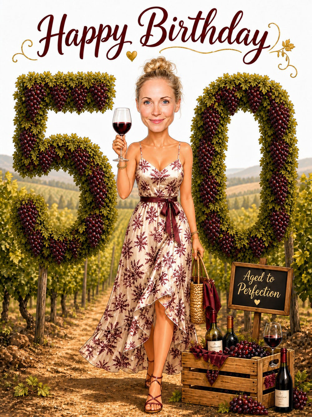 Woman in vineyard holding red wine, giant grape 50, Aged to Perfection sign.
