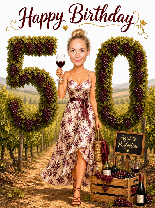 Woman in vineyard holding red wine, giant grape 50, Aged to Perfection sign.