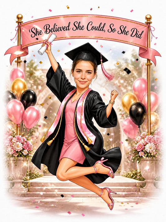 Female graduate jumping with diploma under pink banner, balloons, and confetti