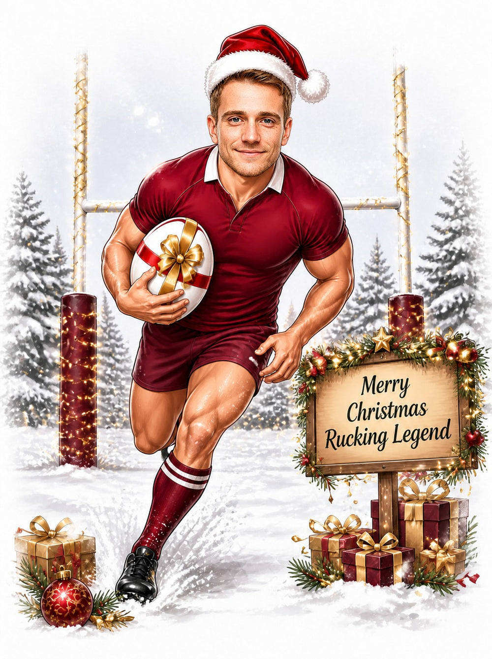 Rugby player in Santa hat sprinting through snow with gift-wrapped ball