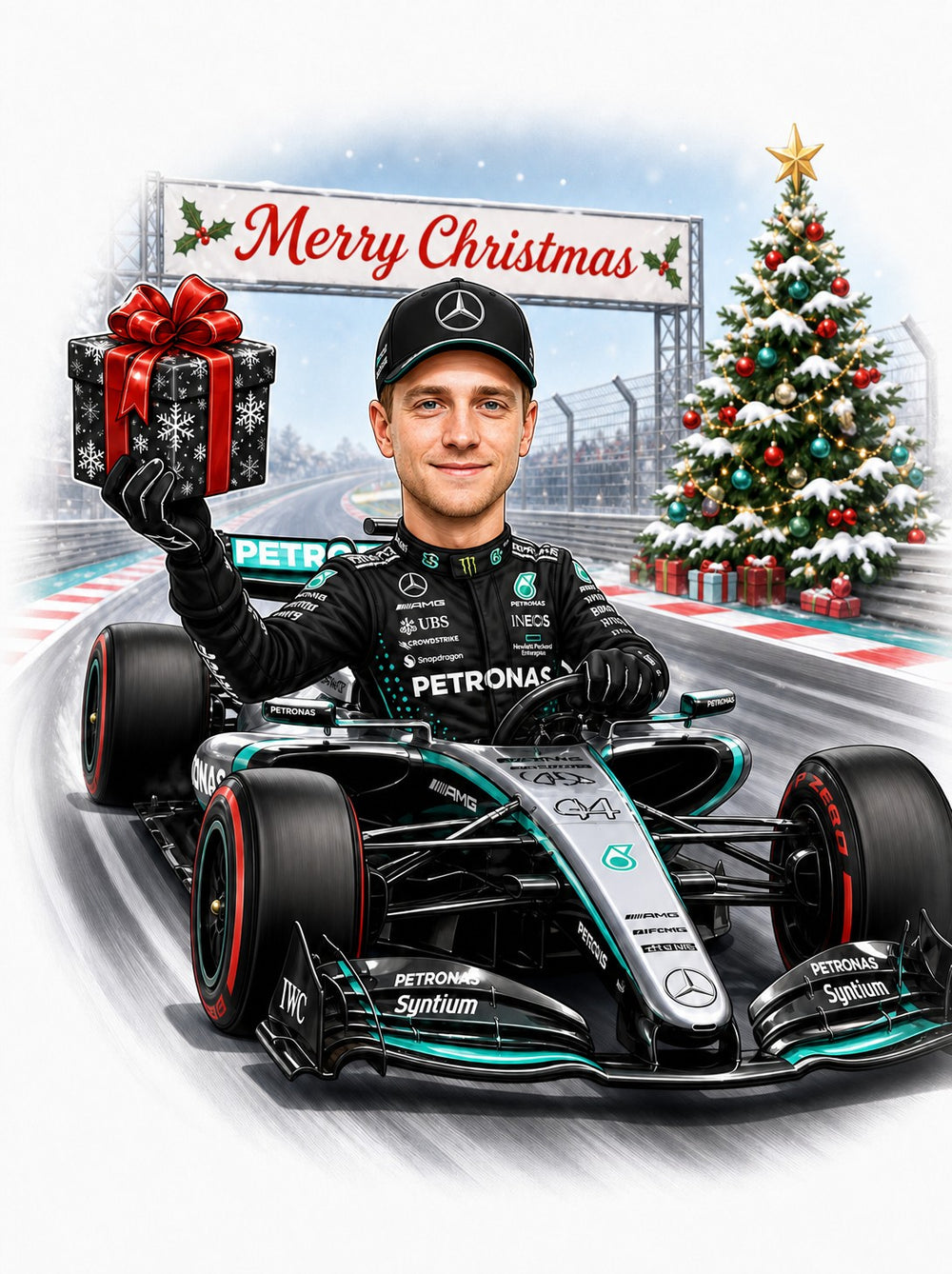 Christmas racing caricature with driver holding gift, Merry Christmas banner and decorated tree trackside.