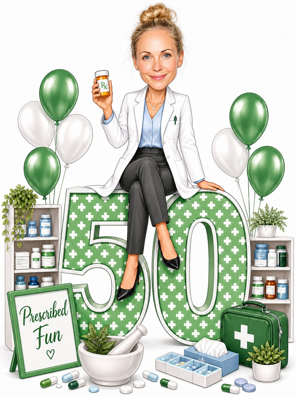 Female pharmacist on giant age number with Rx bottle and green balloons.