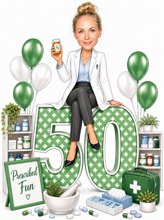 Female pharmacist on giant age number with Rx bottle and green balloons.