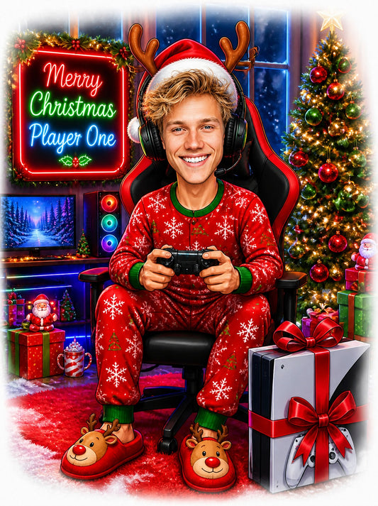 Christmas gamer caricature with neon Merry Christmas Player One sign, reindeer pajamas, headphones.