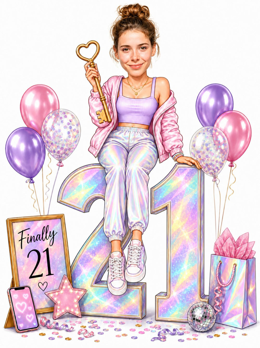 Woman sitting on holographic 21, holding heart-shaped key, balloons and Finally 21 sign.