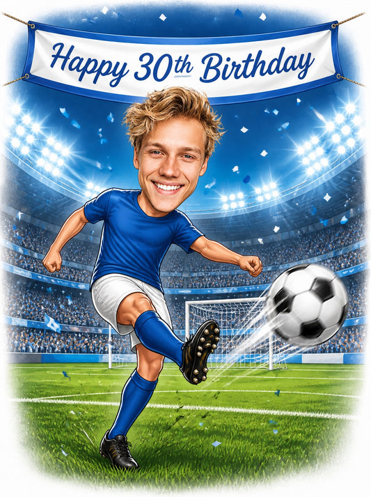 Soccer birthday caricature of man kicking ball in blue kit, stadium banner.