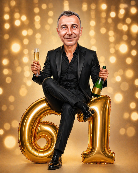 Man in black suit sits on gold 61 balloon, holding champagne flute and bottle, sparkling backdrop.