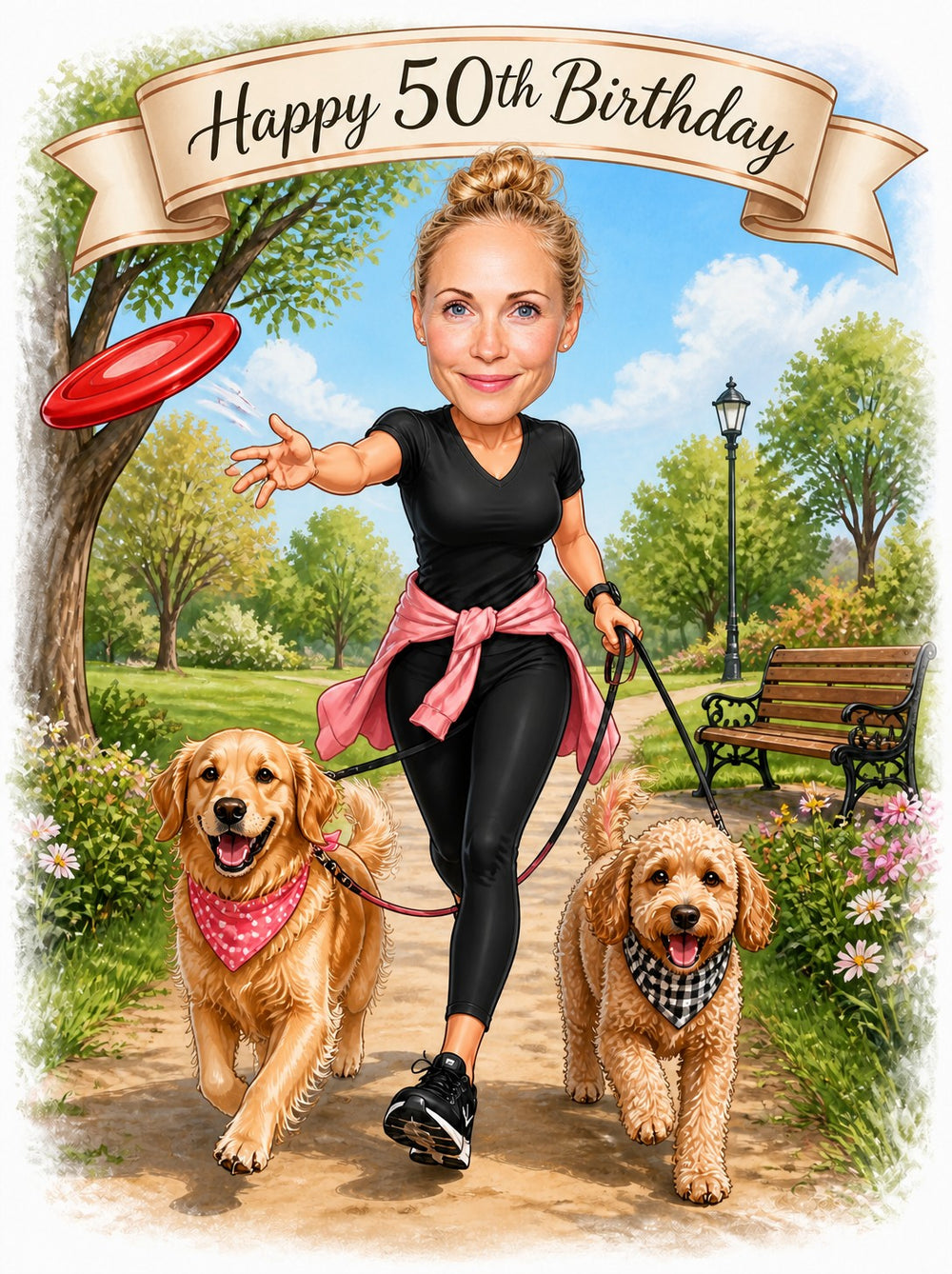 Woman throws red frisbee while walking two dogs with bandanas in park scene.