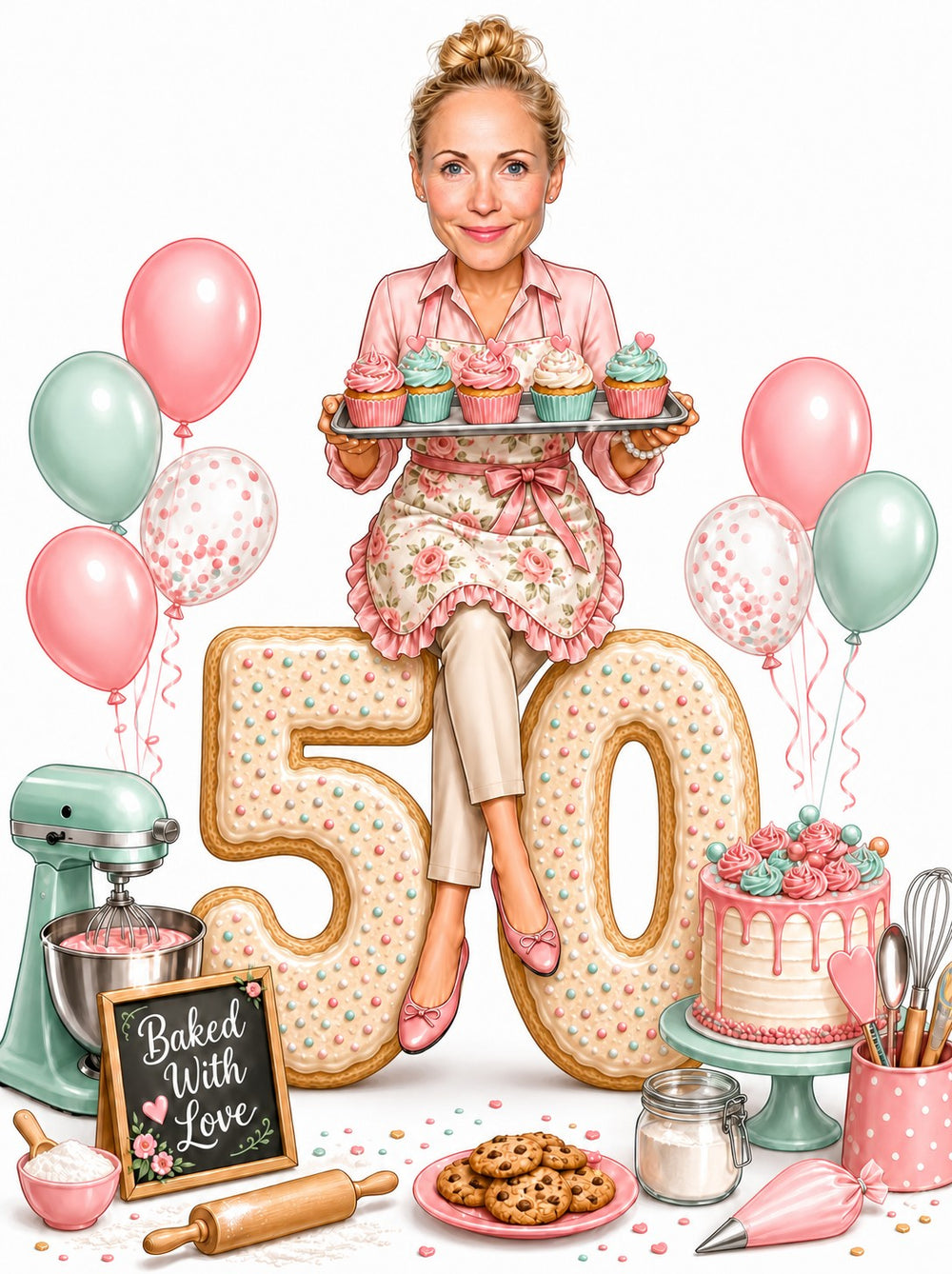Woman on giant iced 50 cookie holding cupcakes, mint mixer, balloons, pink drip cake.