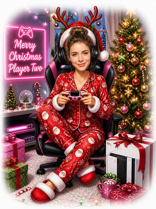 Female gamer in reindeer antlers, red Santa pajamas, headset, holding a pink controller.