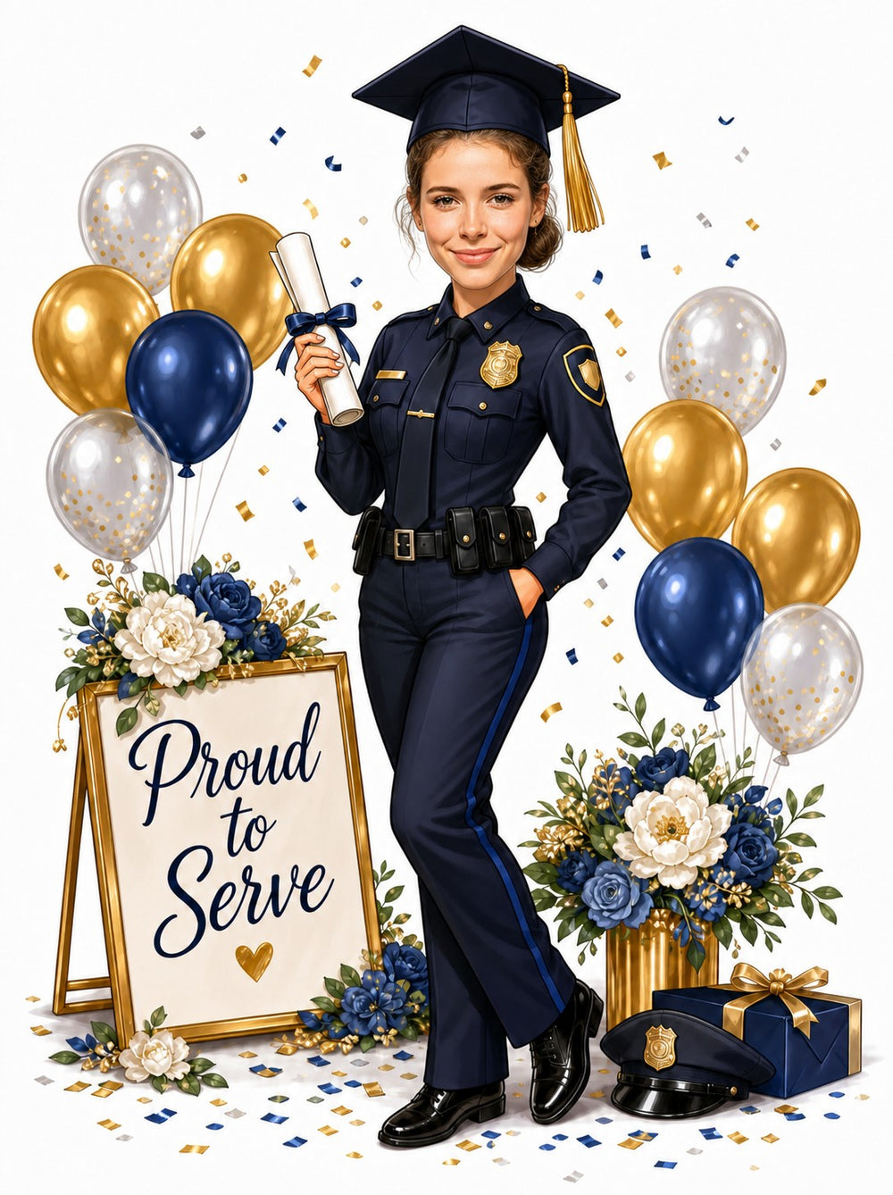 Female police graduate in uniform with cap, diploma, balloons, Proud to Serve sign