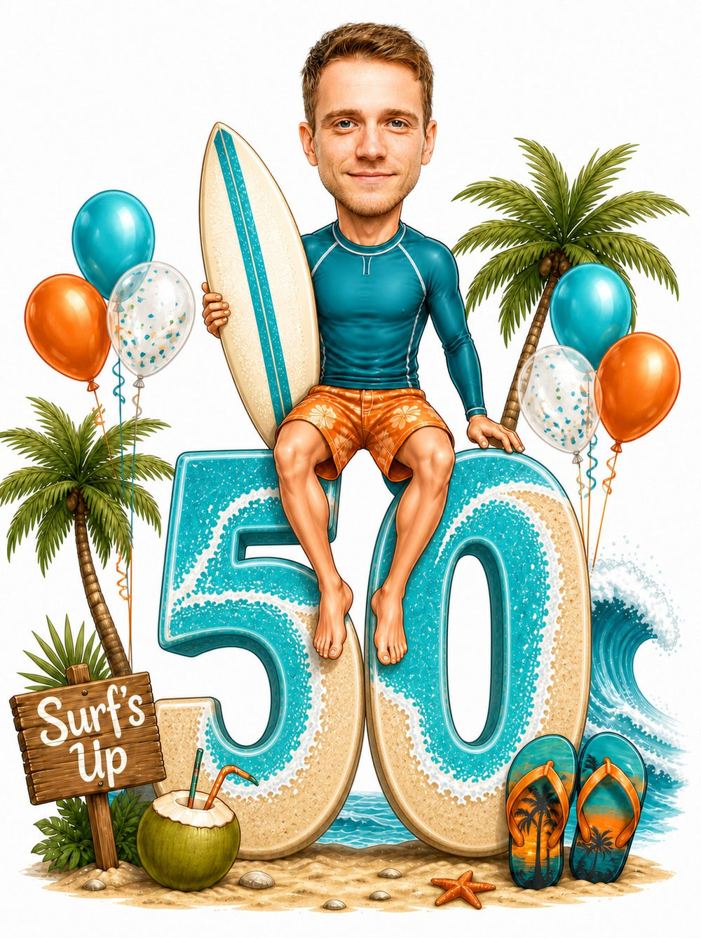 Surfer birthday caricature man sitting on giant 50 holding blue-striped surfboard.