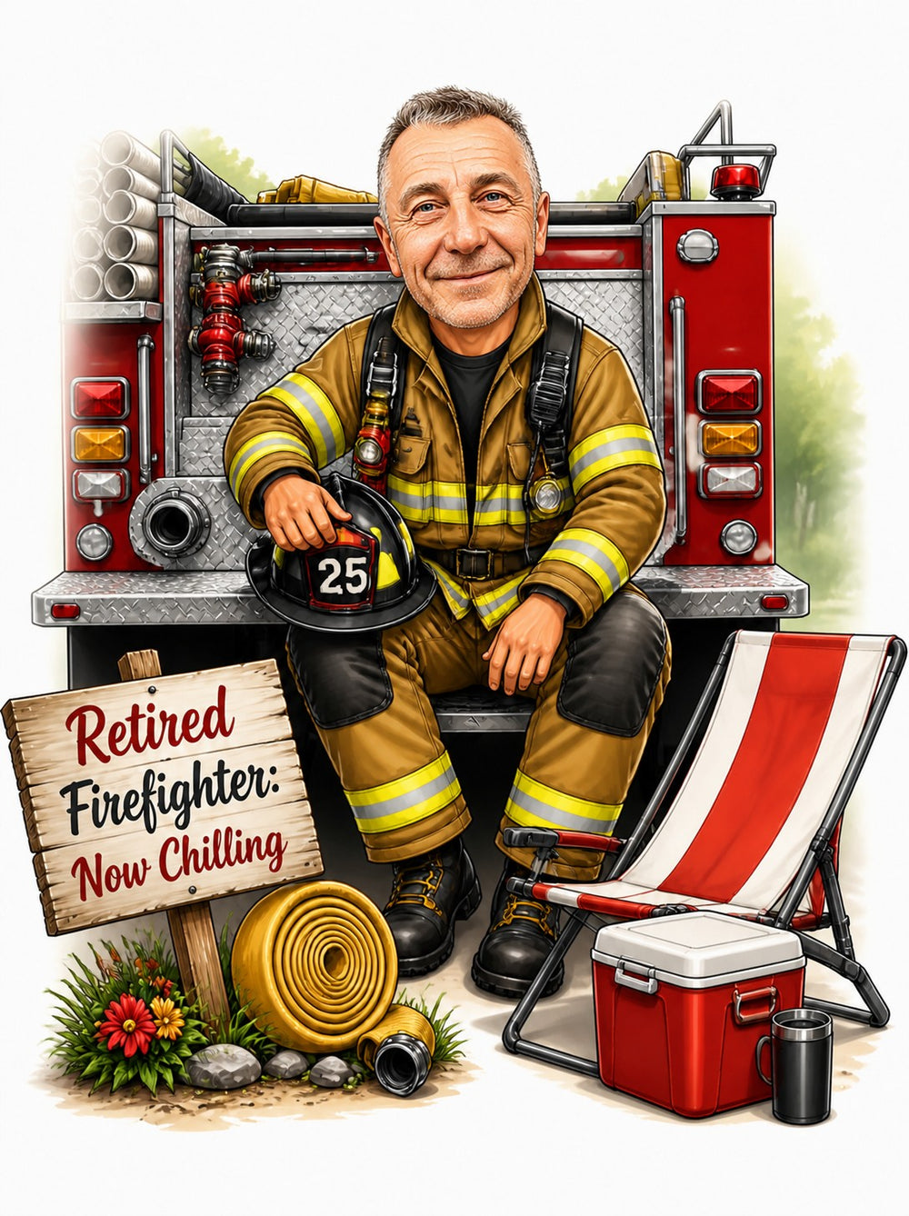 Retired firefighter caricature sitting on fire truck, holding helmet 25 beside retirement sign.