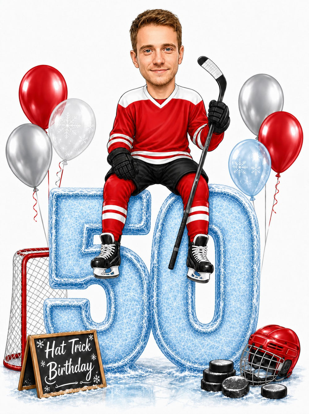 Male hockey player sitting on icy 50, red jersey, stick, balloons, net, pucks.