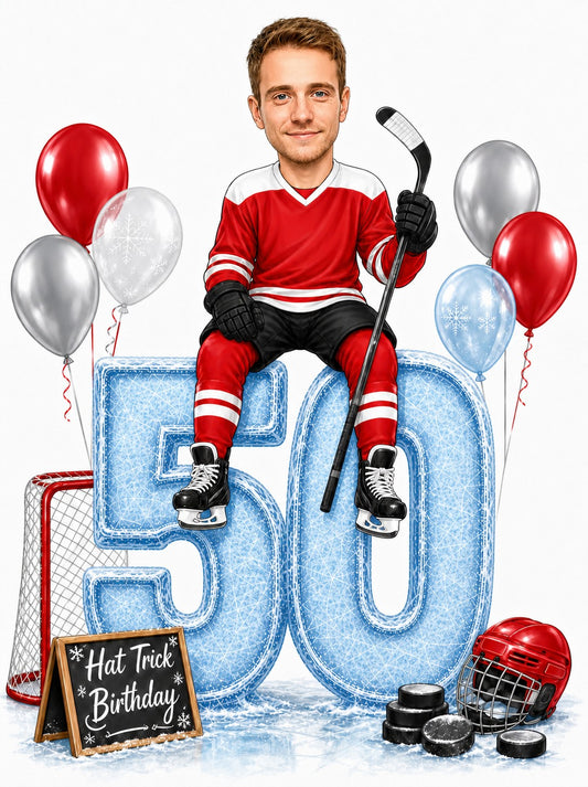 Male hockey player sitting on icy 50, red jersey, stick, balloons, net, pucks.