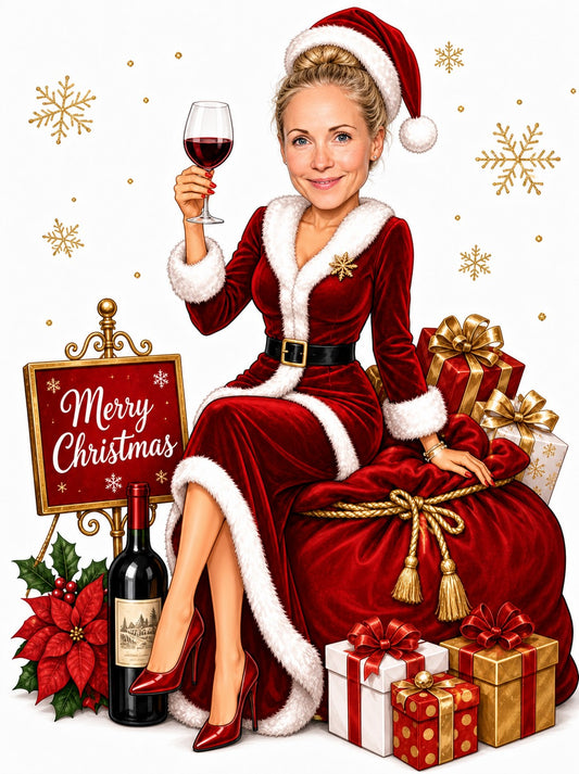 Mrs. Claus caricature holding a wine glass beside a Merry Christmas sign.