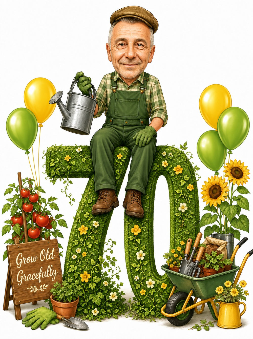 Gardener birthday caricature with man on topiary 70, watering can, sunflowers, Grow Old Gracefully sign.
