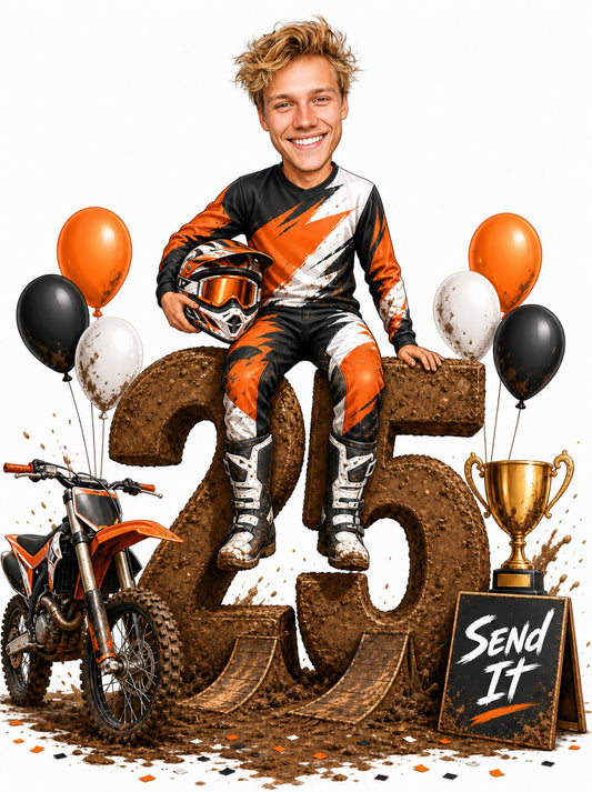 Motocross rider sits on muddy 25 number, orange dirt bike, balloons, trophy, Send It sign.