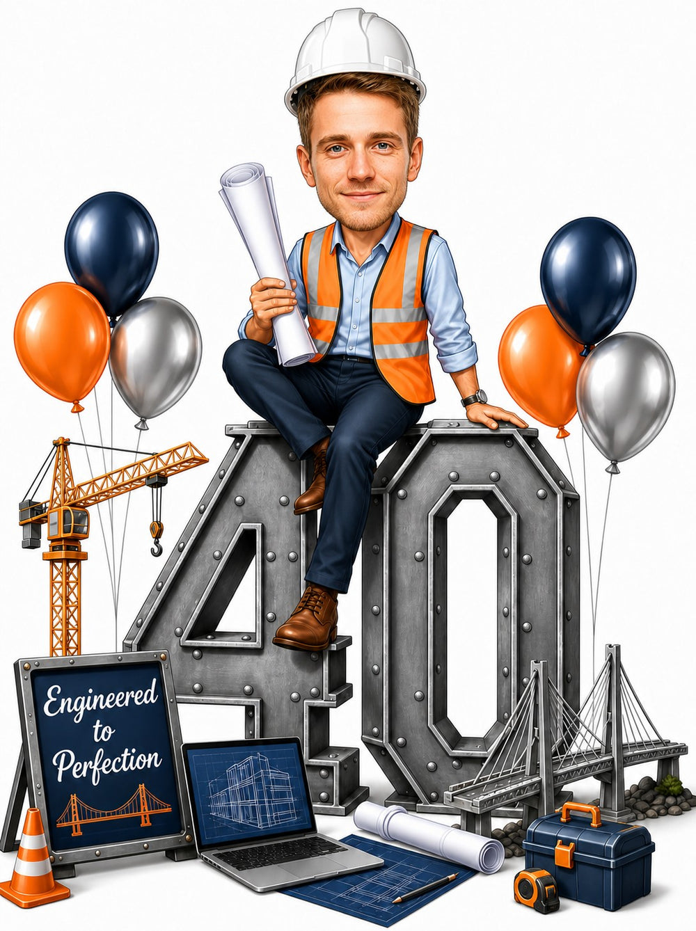 Engineer birthday caricature with hard hat, safety vest, giant 40, crane and blueprints.