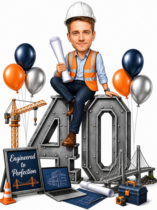 Engineer birthday caricature with hard hat, safety vest, giant 40, crane and blueprints.
