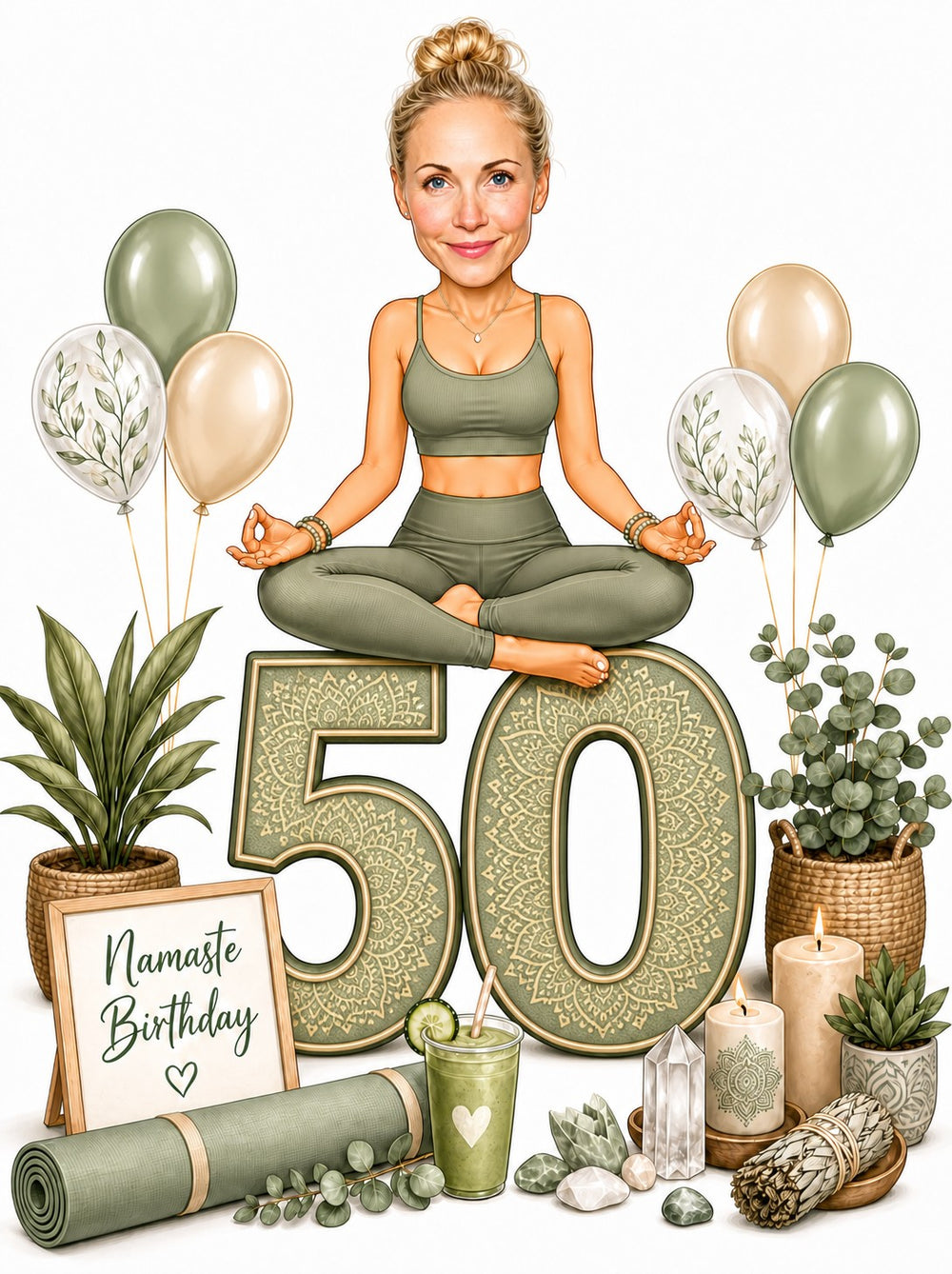 Yoga lover caricature woman sitting on giant 50 with balloons, candles, plants.