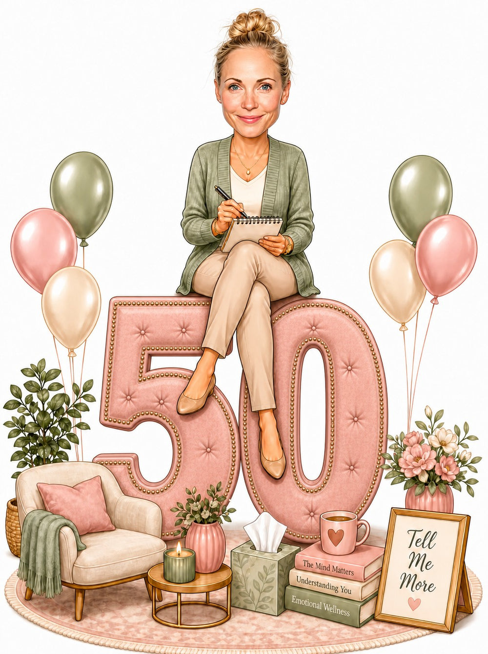 Female psychologist caricature sitting on giant tufted 50, holding notepad, with balloons and books.