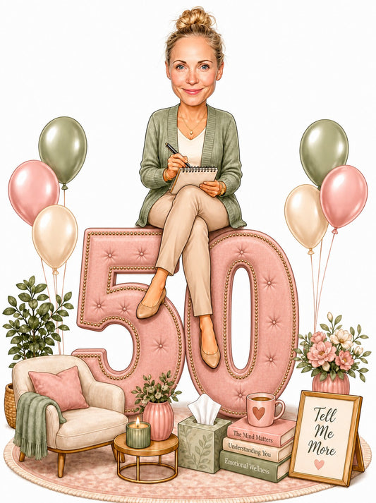 Female psychologist caricature sitting on giant tufted 50, holding notepad, with balloons and books.