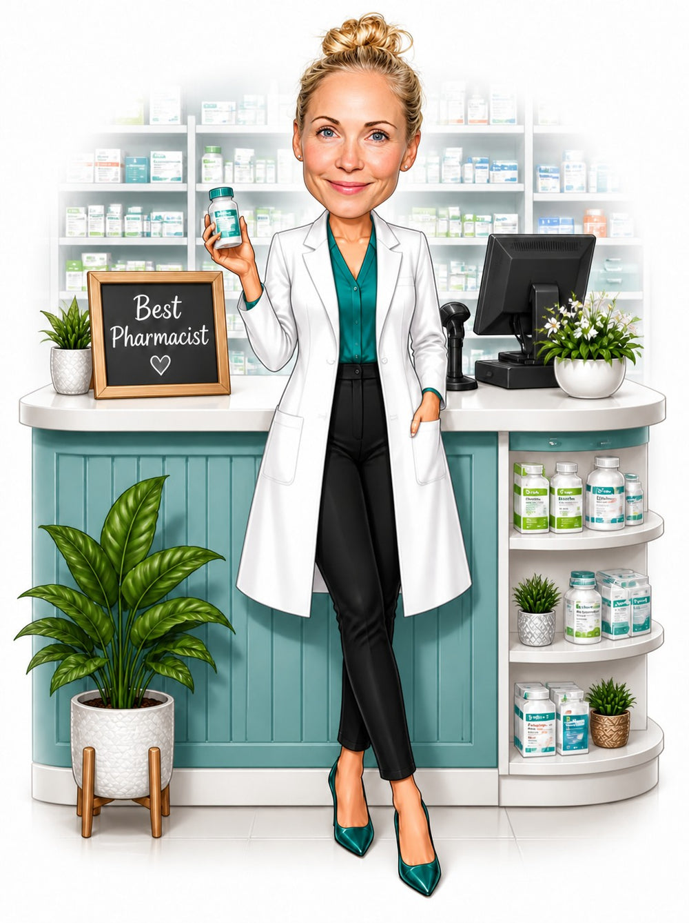 Female pharmacist caricature behind counter holding pill bottle and Best Pharmacist sign.