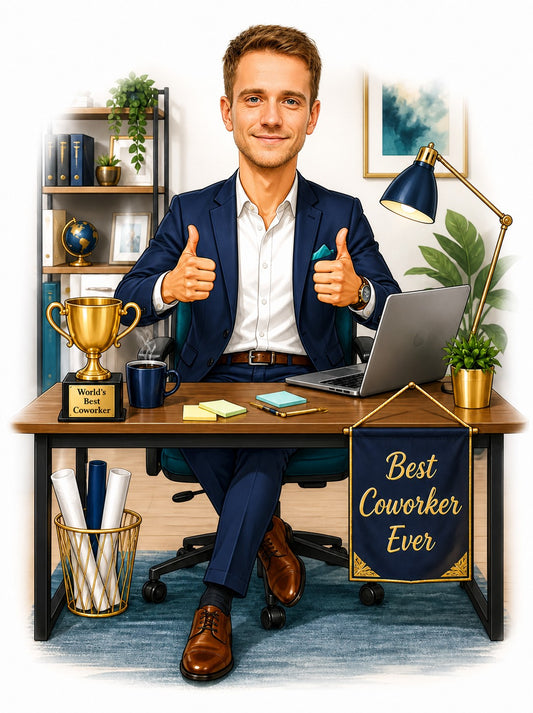 Man in blue suit at desk with trophy and Best Coworker Ever banner