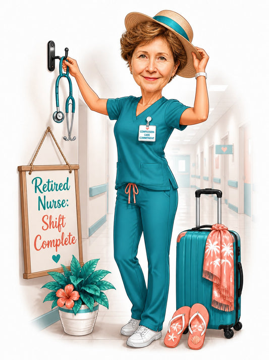 Retired nurse caricature in hospital hallway, teal scrubs, stethoscope, Shift Complete sign, suitcase.