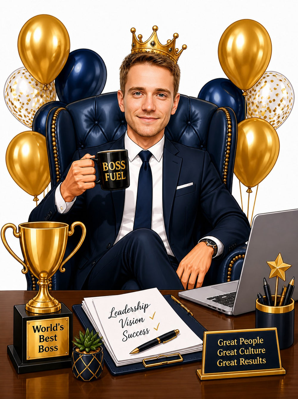 Smiling boss in crown holding BOSS FUEL mug, with trophies and gold navy balloons.