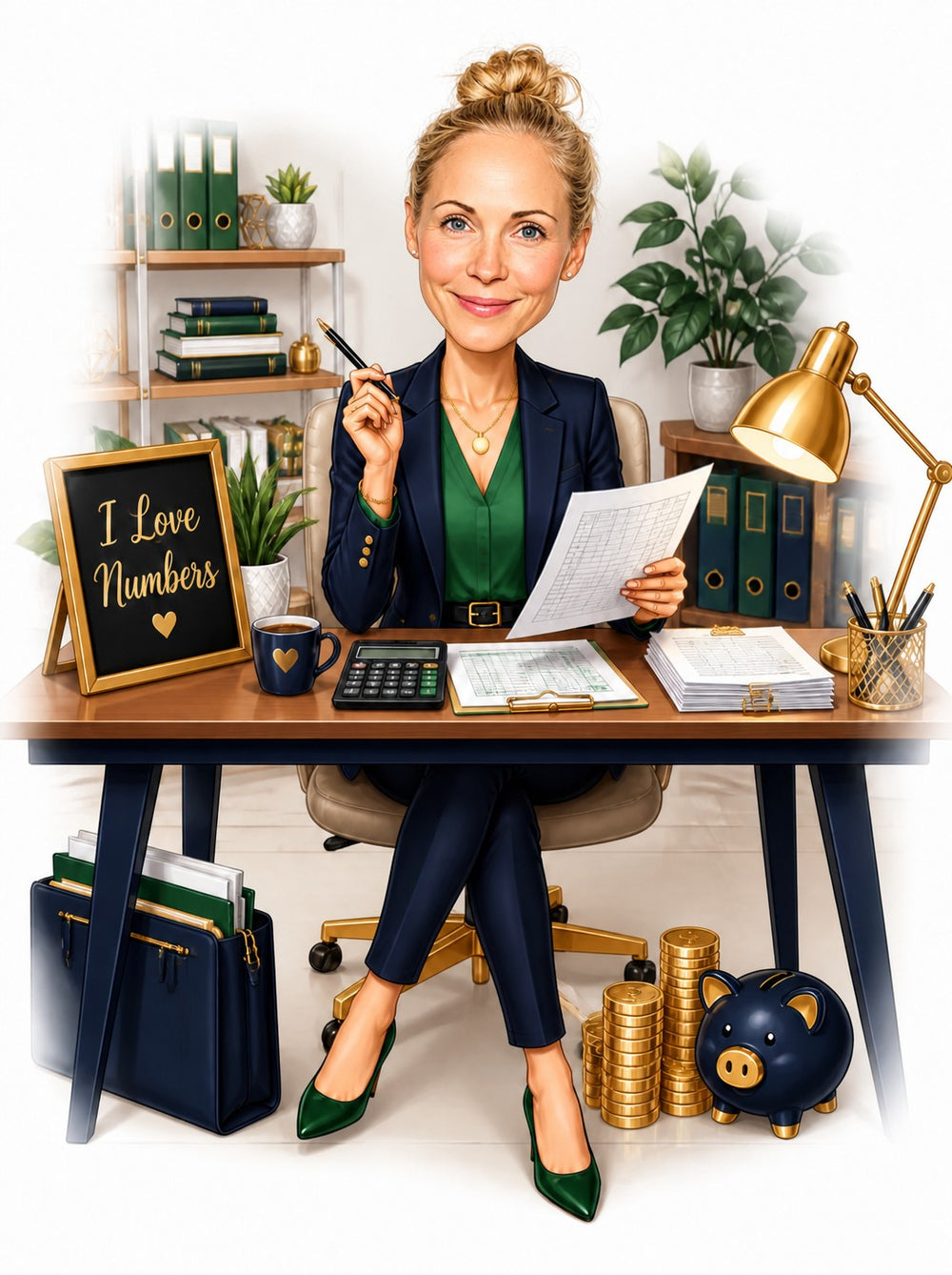 Female accountant caricature at desk with calculator, coins, piggy bank and spreadsheets.