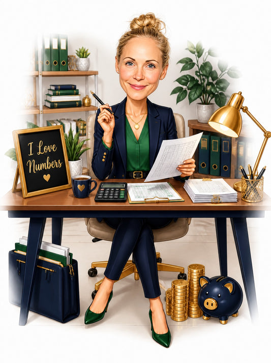 Female accountant caricature at desk with calculator, coins, piggy bank and spreadsheets.
