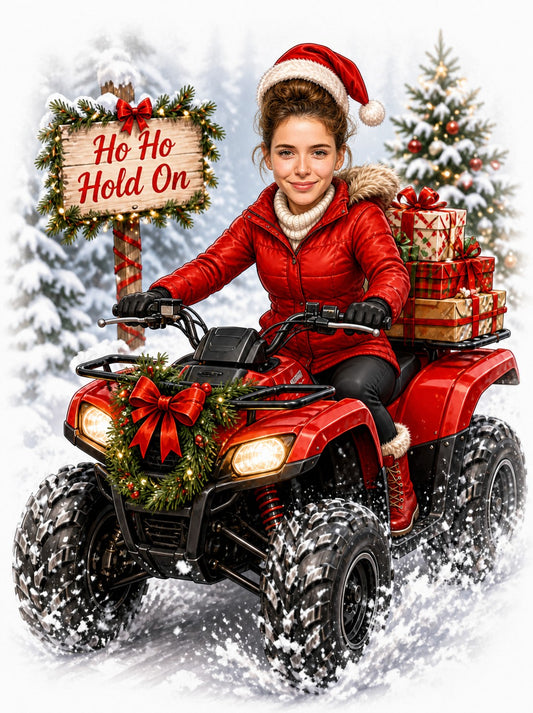 Woman on red quad bike in snow, Santa hat, wreath, gift boxes, holiday sign.
