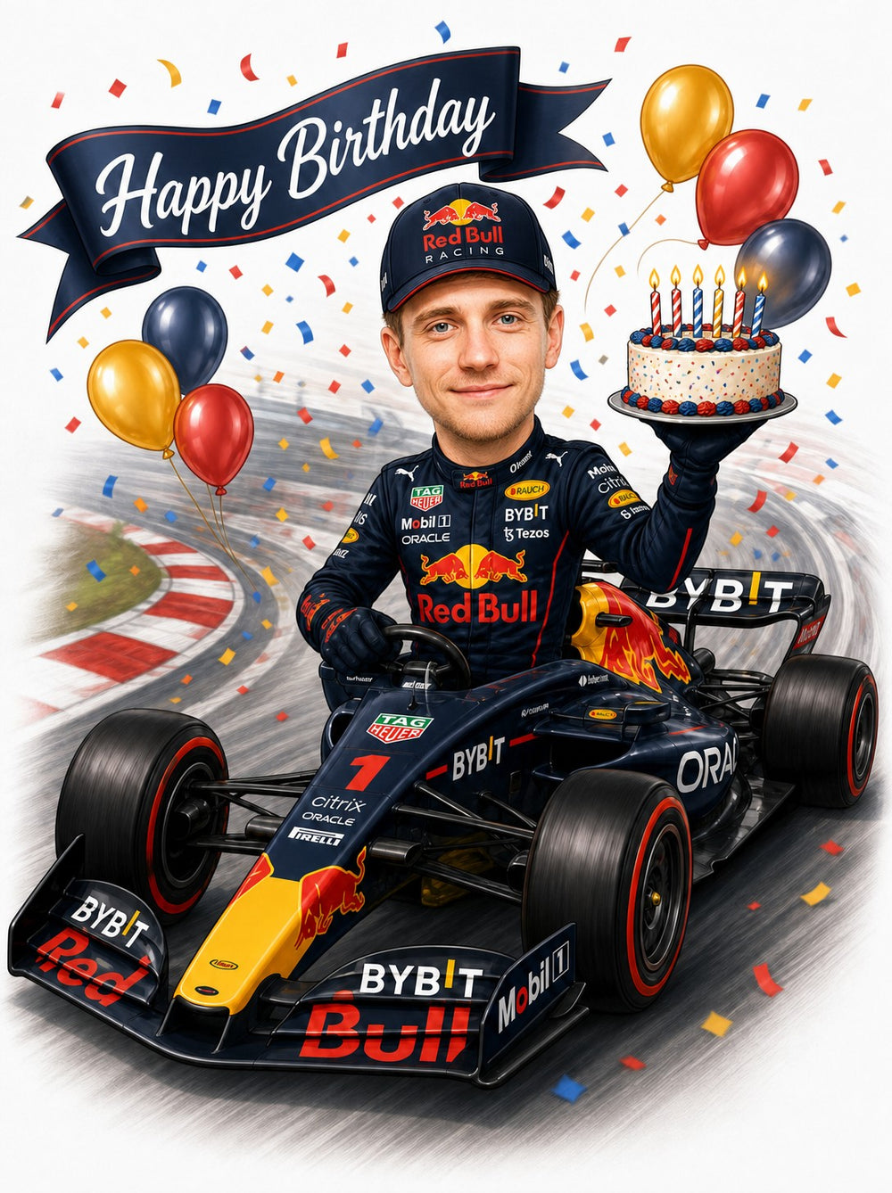 Formula car driver holding birthday cake, balloons and Happy Birthday banner on racetrack.
