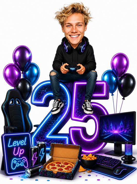 Gamer birthday caricature with man on neon 25, controller, headphones, and Level Up sign.