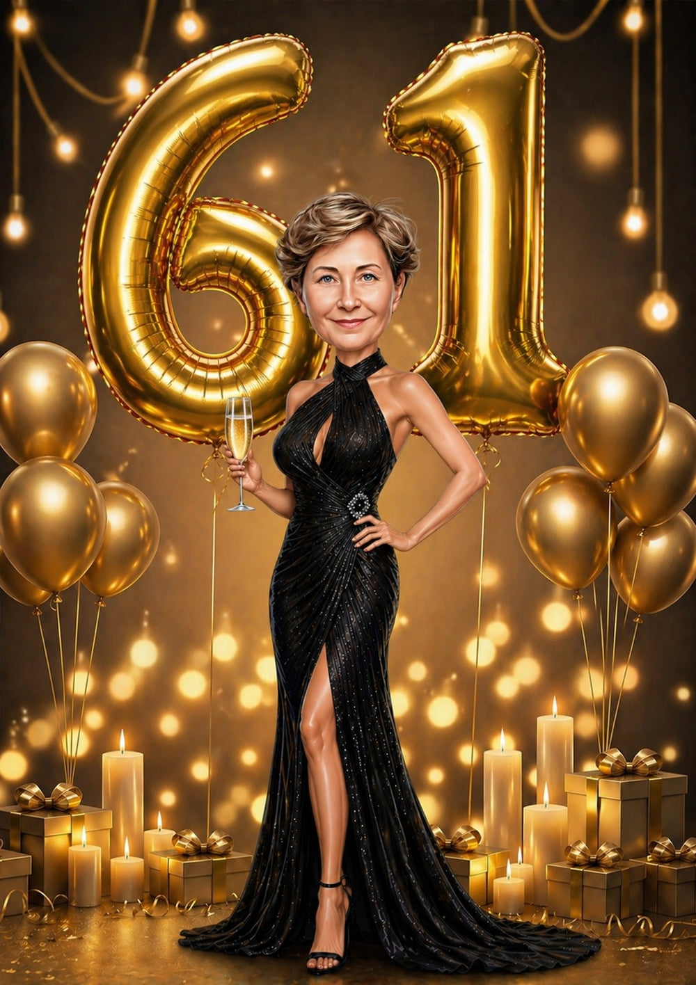 Woman in black gown holding champagne by giant gold 61 balloons and candles.